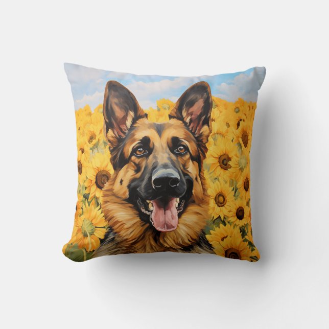 German Shepherd dog in sunflowers Throw Pillow (Front)