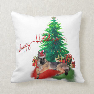 German Shepherd Dog Laying by Christmas Tree Throw Pillow