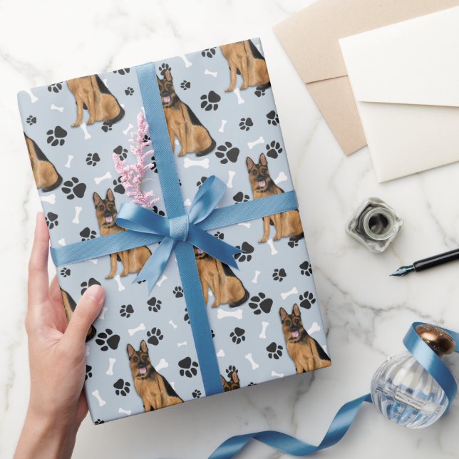 German Shepherd Dog Paw Print Pattern on Silver  Wrapping Paper (Gifting)
