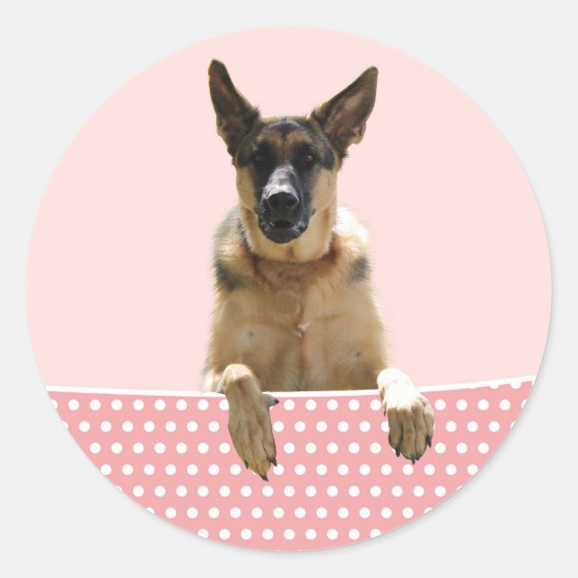 German Shepherd Dog Pink Polka Dots Classic Round Sticker (Front)