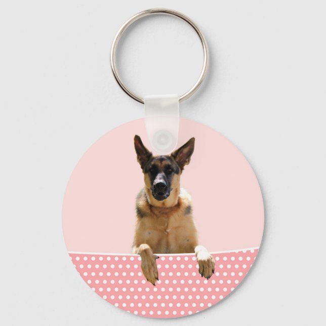 German Shepherd Dog Pink Polka Dots Keychain (Front)