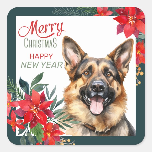 German Shepherd Dog Poinsettia Border Christmas Square Sticker (Front)