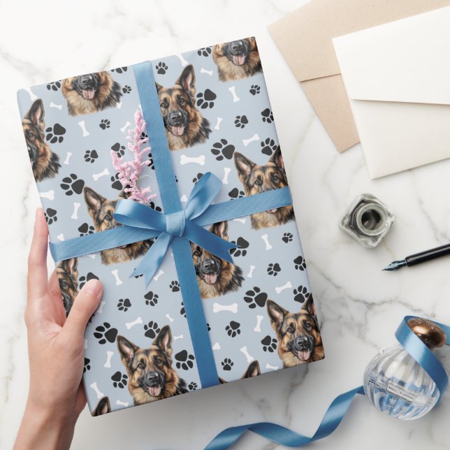 German Shepherd Dog Portrait Paw Print Pattern  Wrapping Paper (Gifting)