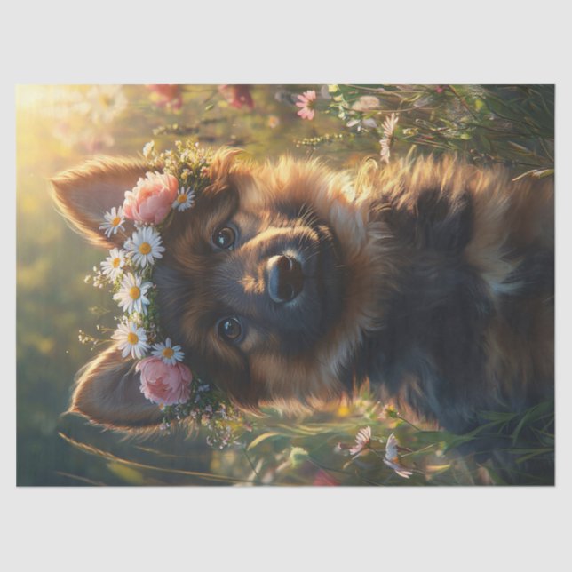 German Shepherd Dog Puppy in a Flower Crown Tissue Paper (Front)