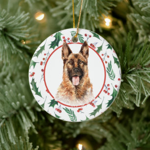 German Shepherd Dog Red Berry Holly Border Ceramic Ornament