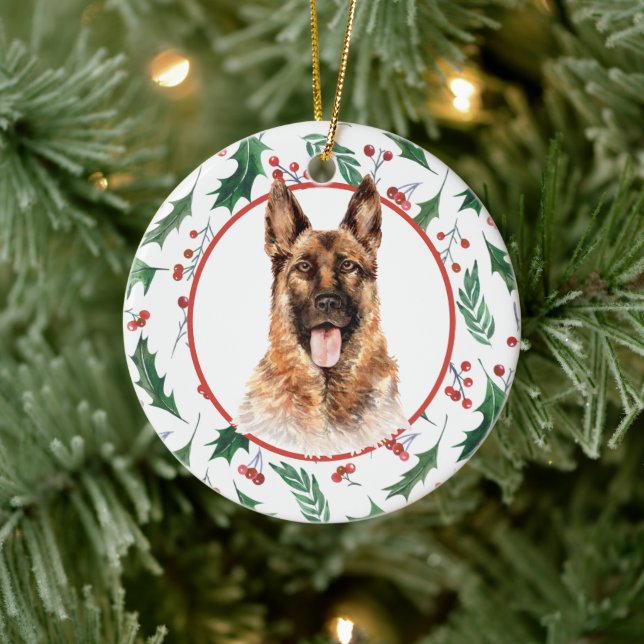 German Shepherd Dog Red Berry Holly Border Ceramic Ornament (Tree)