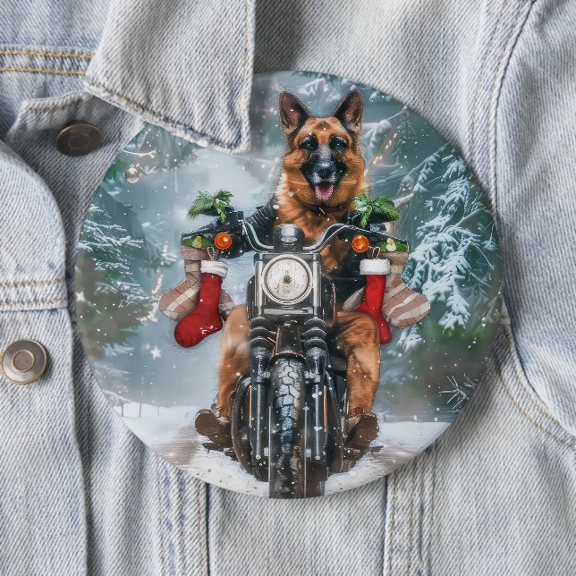 German Shepherd Dog Riding Motorcycle Christmas  6 Inch Round Button (In Situ)