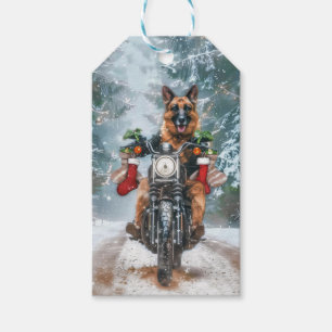 German Shepherd Dog Riding Motorcycle Christmas Gift Tags