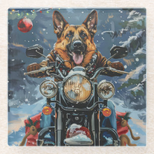 German Shepherd Dog Riding Motorcycle Christmas Glass Coaster
