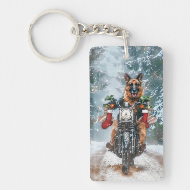 German Shepherd Dog Riding Motorcycle Christmas  Keychain (Front)