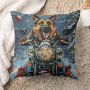 German Shepherd Dog Riding Motorcycle Christmas Throw Pillow