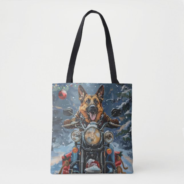 German Shepherd Dog Riding Motorcycle Christmas Tote Bag (Front)