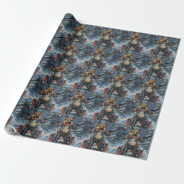 German Shepherd Dog Riding Motorcycle Christmas Wrapping Paper (Unrolled)