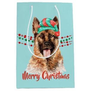 German Shepherd Dog Santa Hat Holiday String Beads Medium Gift Bag
