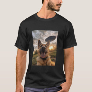 German Shepherd Dog Selfie with UFOs Aliens Funny T-Shirt