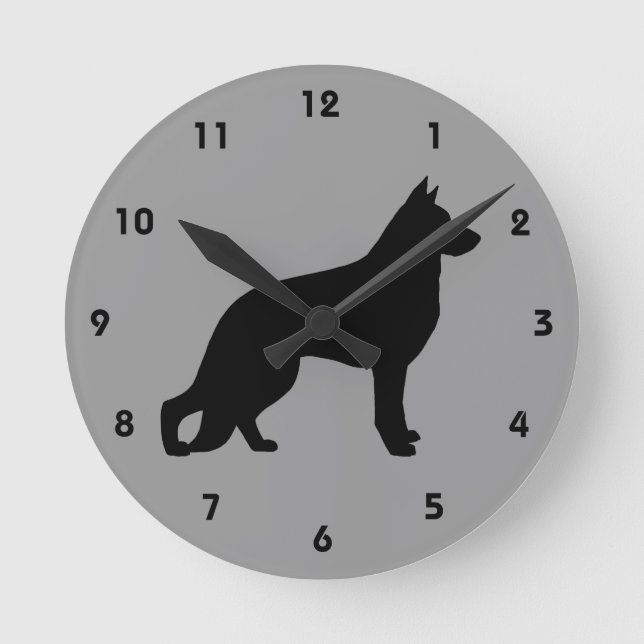 German Shepherd Dog Silhouette GSD Black and Grey Round Clock