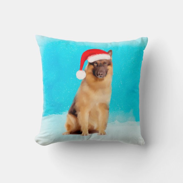 German Shepherd Dog  Sitting In Snow Santa Hat Throw Pillow (Front)