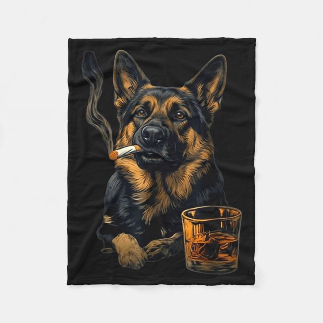 German Shepherd Dog Smoking Cigarette Whisky Lover Fleece Blanket (Front)