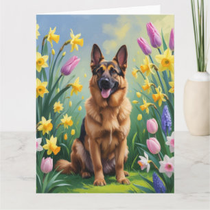 German Shepherd Dog Spring Flowers Painting  Card