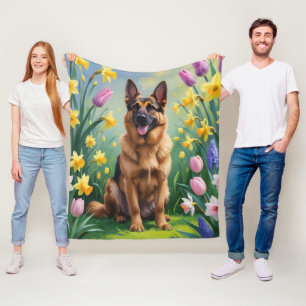German Shepherd Dog Spring Flowers Painting Fleece Blanket