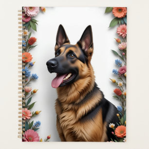 German Shepherd dog Surrounded by Vibrant Flowers Planner
