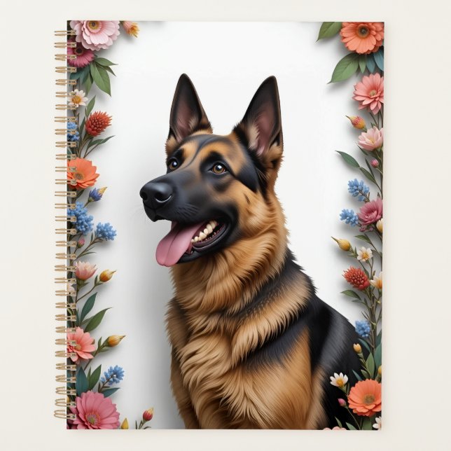 German Shepherd dog Surrounded by Vibrant Flowers Planner (Front)