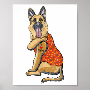 German Shepherd Dog Tattoo I Love Mom Flower Mothe Poster
