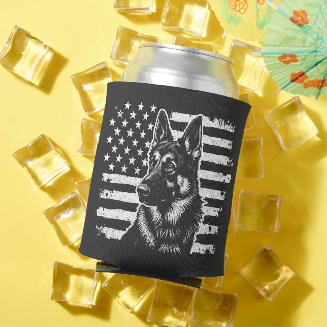 German Shepherd Dog USA American Flag 4th Of July Can Cooler (In Situ Summer)