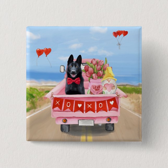 German Shepherd Dog Valentine's Day Truck Hearts 2 Inch Square Button (Front)
