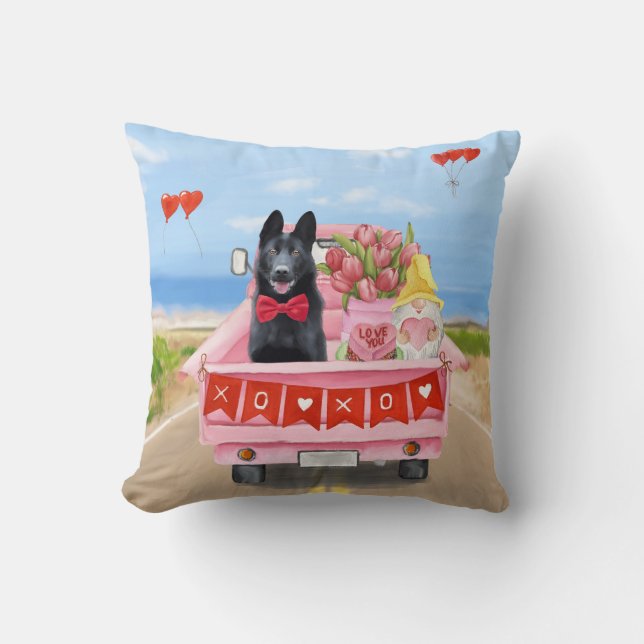 German Shepherd Dog Valentine's Day Truck Hearts Throw Pillow (Front)
