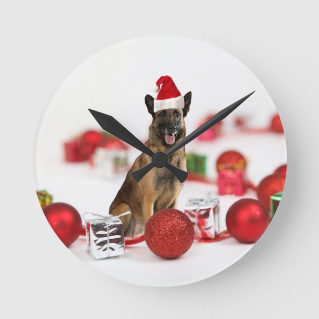 German Shepherd dog w Christmas Gifts Santa Hat Round Clock (Front)