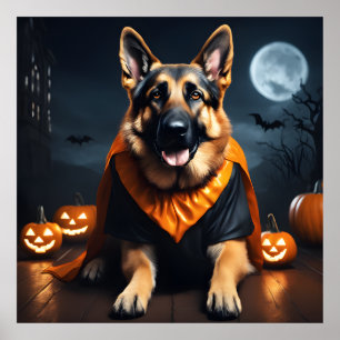 German Shepherd Dog w Pumpkins On Halloween Night Poster