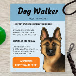 German Shepherd Dog Walker Dog Walking Pet Service Flyer<br><div class="desc">Promote your dog walking services with the help of this design featuring Destei's original cartoon illustration of a cute black and tan colour German Shepherd breed dog. The dog design is a close-up of an adorable GSD looking straight at the viewer. The background colour is light blue with a slightly...</div>