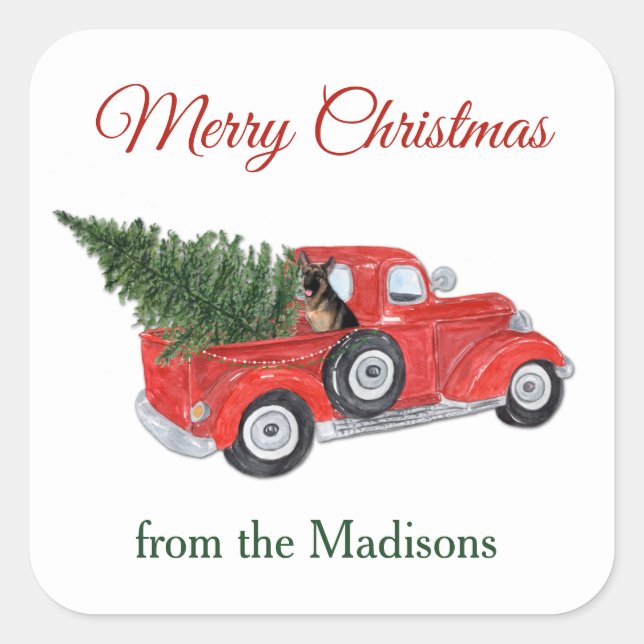 German Shepherd Dog Watercolor Christmas Truck Square Sticker (Front)