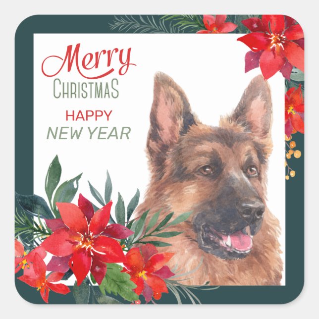 German Shepherd Dog Watercolor Poinsettia Holiday  Square Sticker (Front)