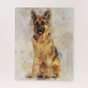 German Shepherd Dog Watercolor Portrait 03 Jigsaw Puzzle