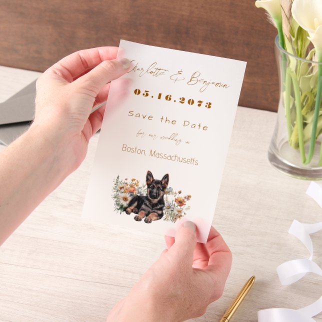 German Shepherd Dog Wildflowers Save the Date Vellum Invitations (Handheld)