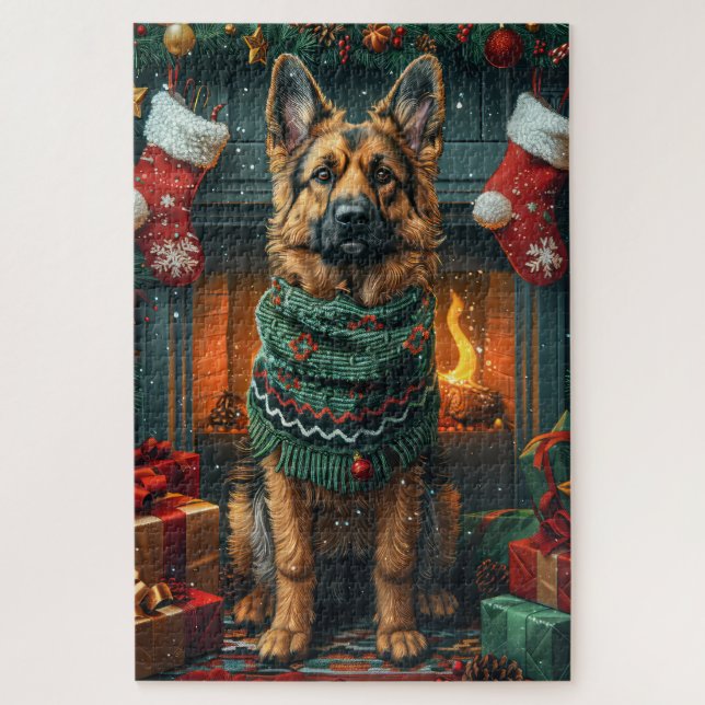 German Shepherd Dog With Christmas Gifts Fireplace Jigsaw Puzzle (Vertical)