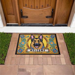 German Shepherd Dog With Flowers Welcome  Doormat