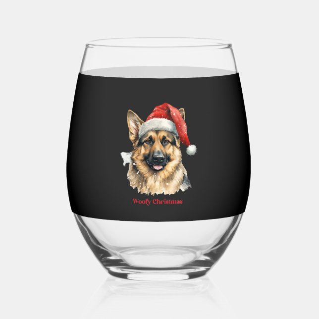 German Shepherd Dog Xmas Christmas Gift Ideas Woof Stemless Wine Glass (Front)