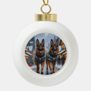 German Shepherd Dogs Christmas Snow Holiday Ceramic Ball Christmas Ornament