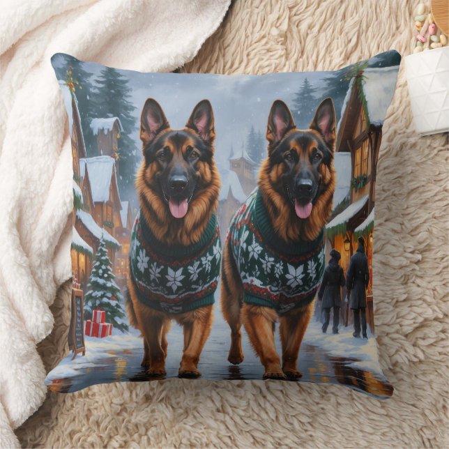 German Shepherd Dogs Christmas Snow Holiday Throw Pillow (Blanket)