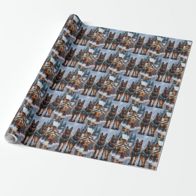 German Shepherd Dogs Christmas Snow Holiday Wrapping Paper (Unrolled)