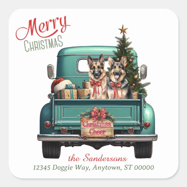 German Shepherd Dogs Retro Truck Christmas Square Sticker (Front)