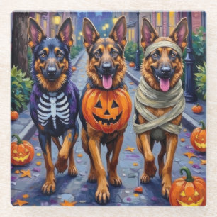 German Shepherd Dogs Trick-or-Treating Halloween Glass Coaster
