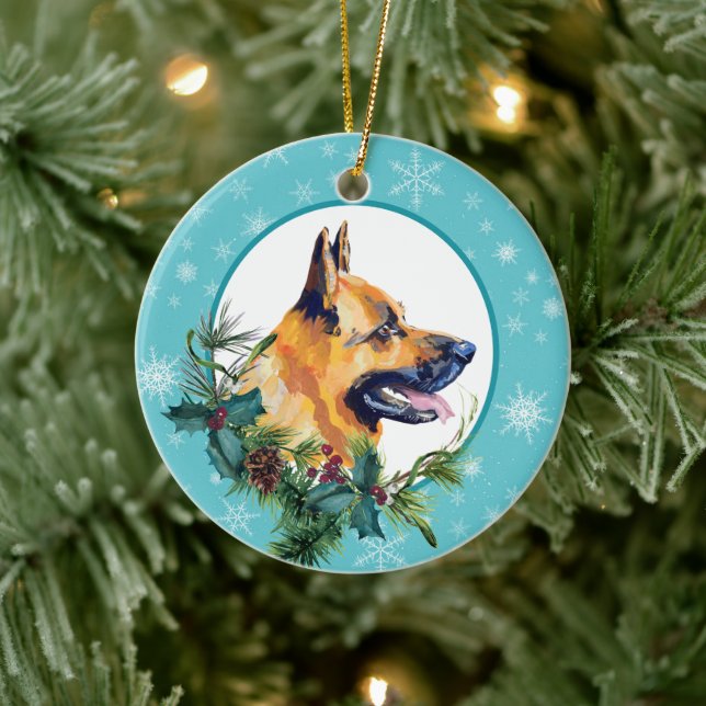 German Shepherd Evergreen Blue Snowflake Border Ceramic Ornament (Tree)