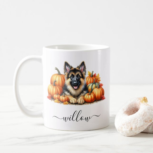 German Shepherd Fall Mug with Personalized Name (With Donut)