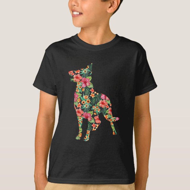 German Shepherd Flower Funny Dog Silhouette Floral T-Shirt (Front)