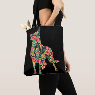 German Shepherd Flower Funny Dog Silhouette Floral Tote Bag
