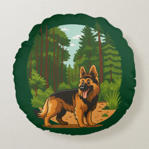 German Shepherd Forest Adventure Dog Round Pillow